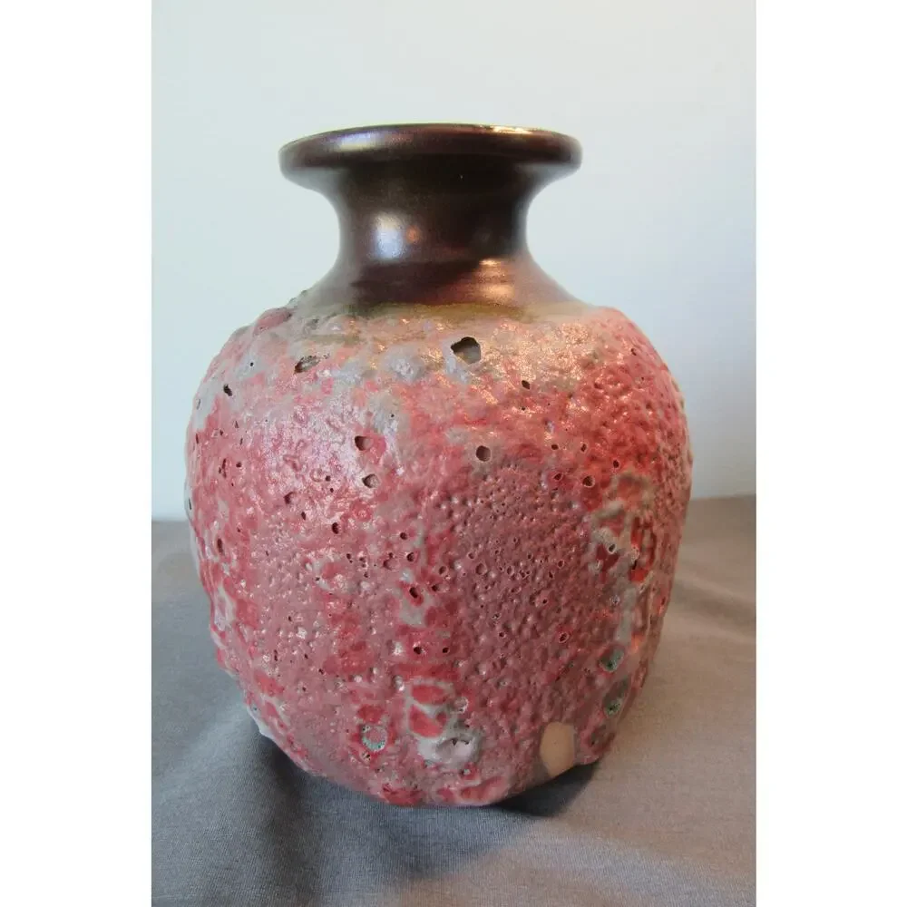 Handcrafted Pottery Vase Textured Surface Pink Brown Signed 6 Inches